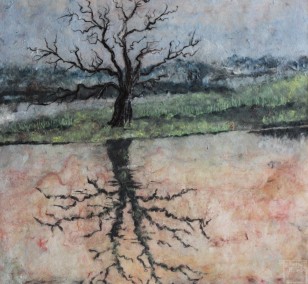 Baumspiegelung im Wasser | Malerei von Künstlerin Simone Westphal, Papiermalerei